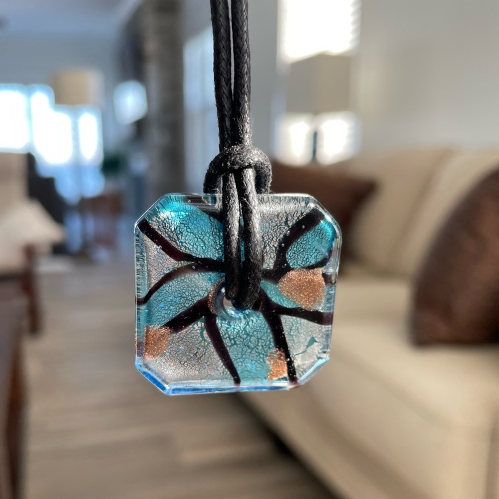 Handmade Pretty Turquoise Glass Square Foil Lined Pendant Necklace 18”